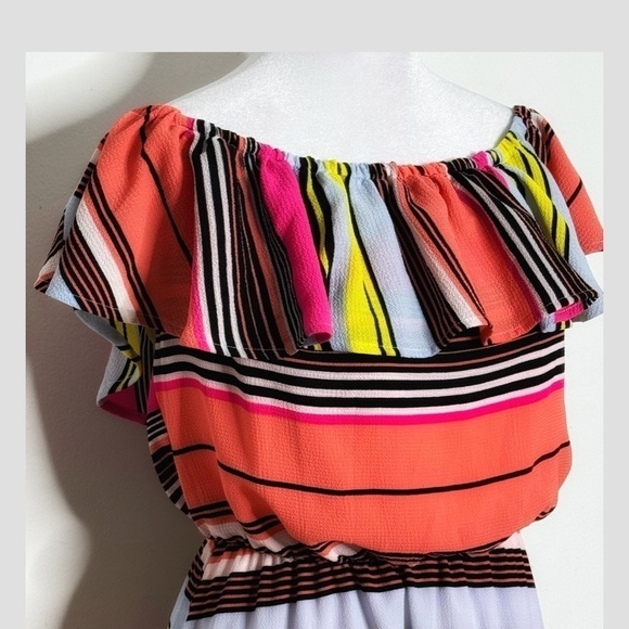 Charles Henry Dress High Low Ruffle Top On/ Off Shoulder Stripe Flounce Bottom - Picture 9 of 14